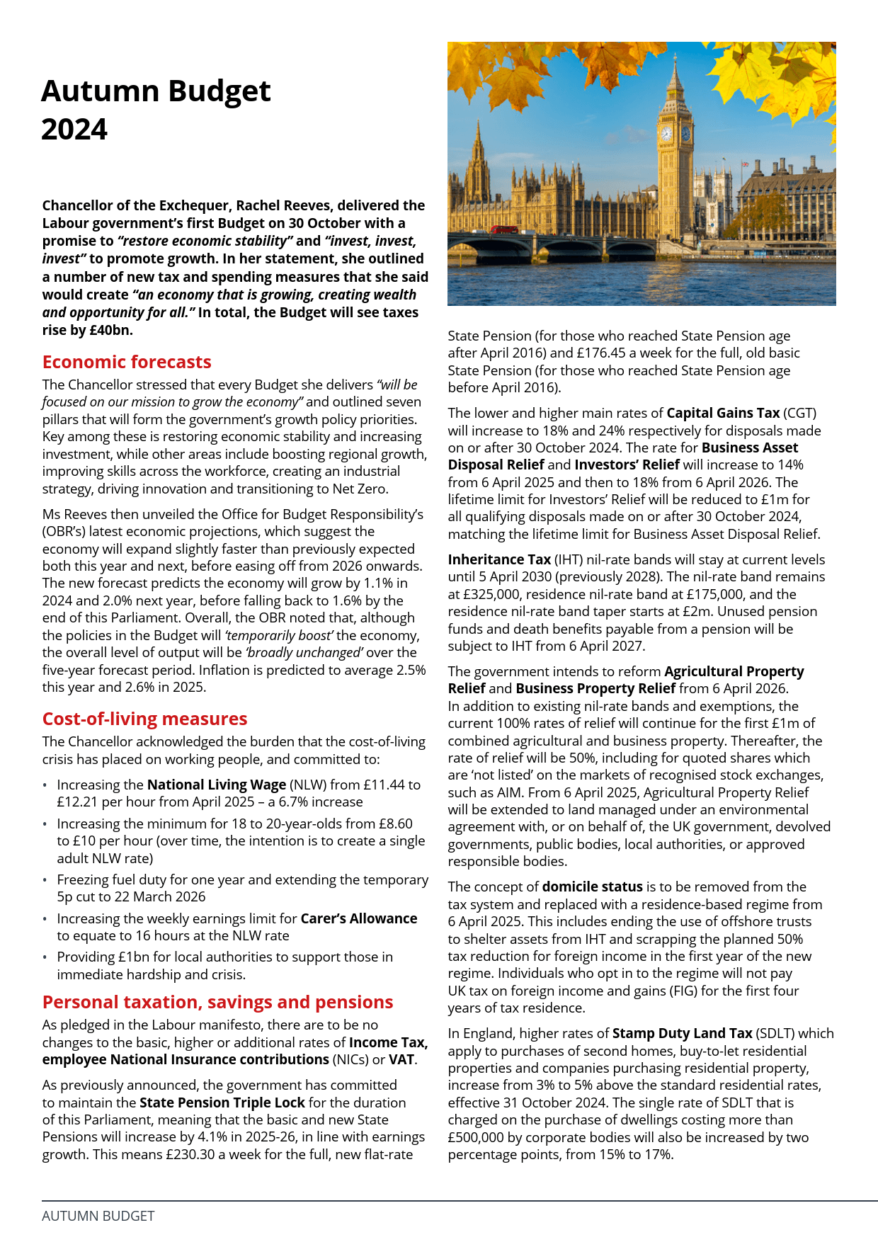 Infographic summarizing the Autumn Budget 2024 with key economic forecasts, tax changes, and public spending plans.