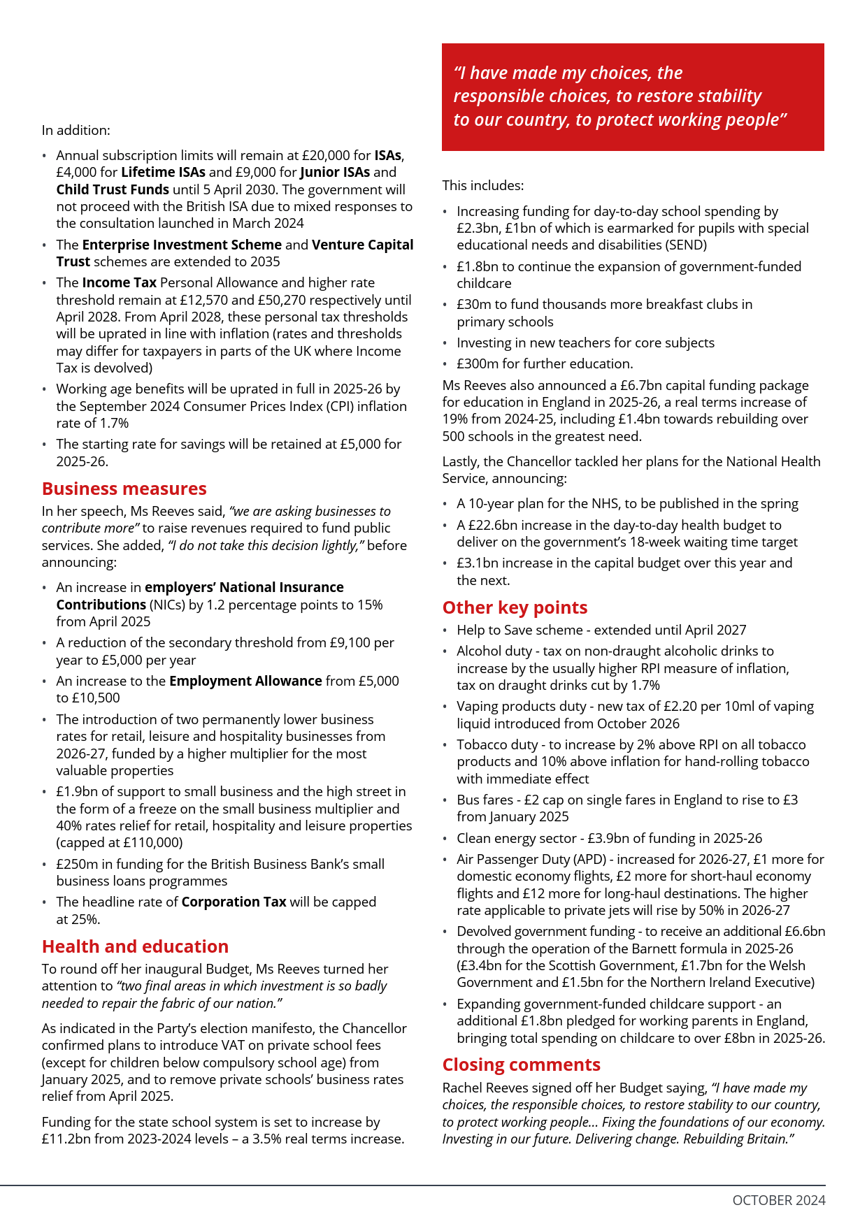 Infographic summarizing the Autumn Budget 2024 with key economic forecasts, tax changes, and public spending plans.